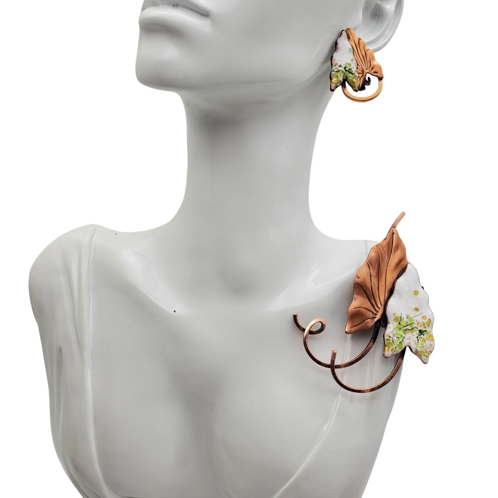 Matisse Renoir Hawaii Copper Brooch & Clip Earrings Leaf White Enamel Pink Green